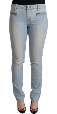 Light Blue Cotton Mid Waist Slim Fit Denim Jeans