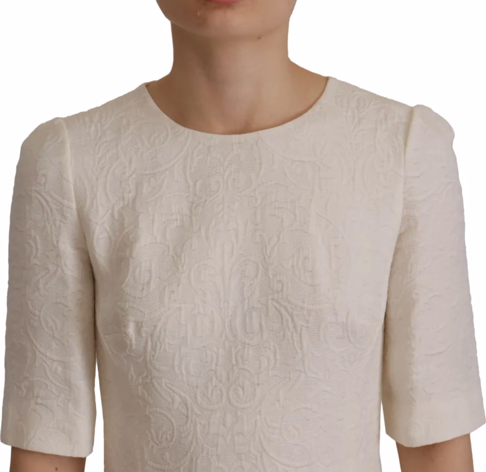 Dolce & Gabbana White Jaquard Midi Floral Sheath Brocade Dress