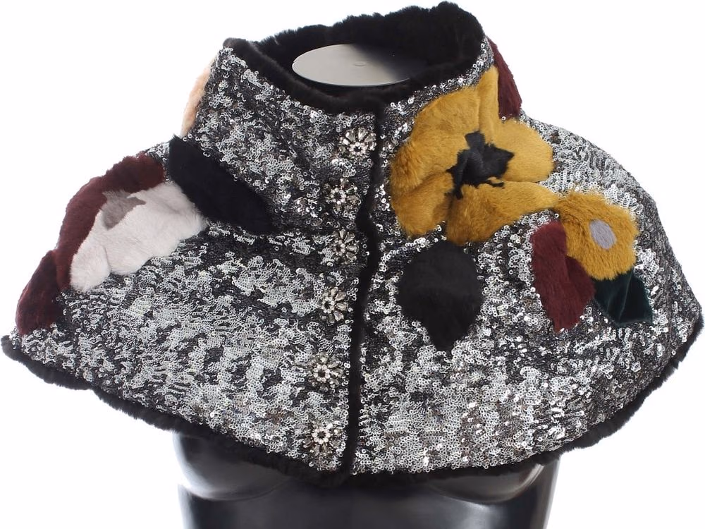 Dolce & Gabbana Silver Sequined Floral Weasel Fur Shoulder Scarf Wrap