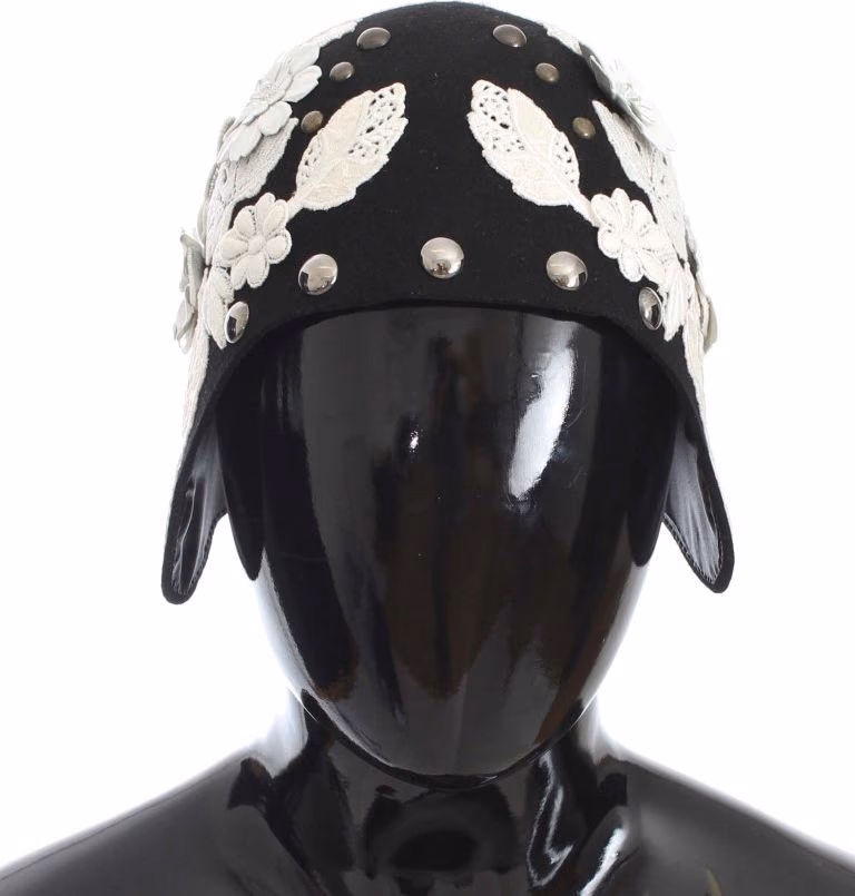 Dolce & Gabbana Black Wool White Floral Gold Leaf Hat