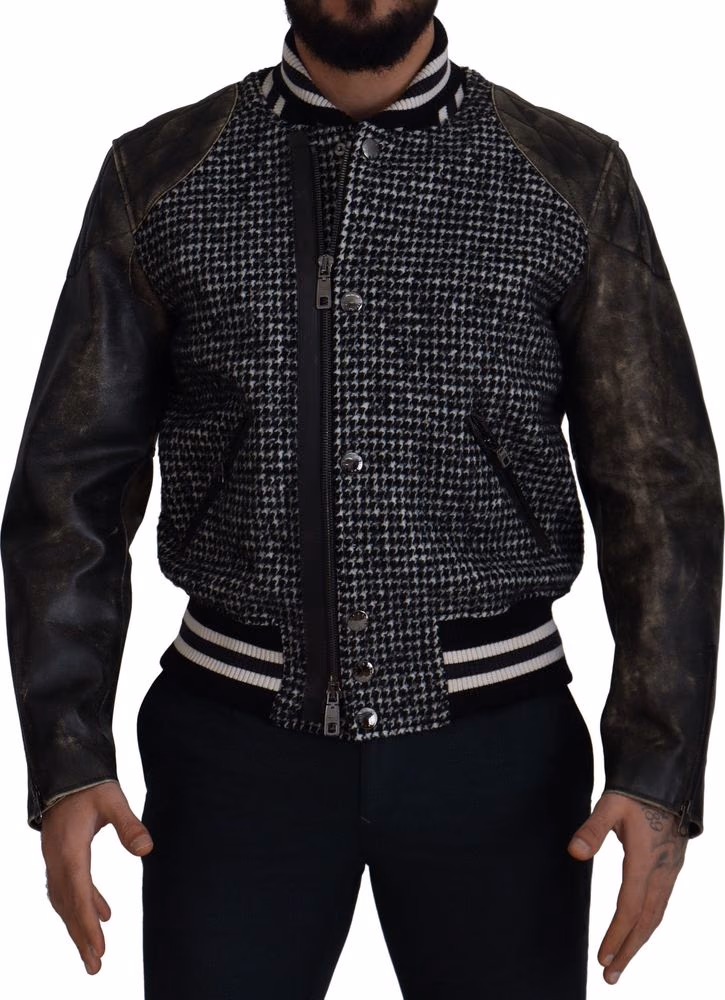 Dolce & Gabbana Black Houndstooth Polyester Bomber Jacket