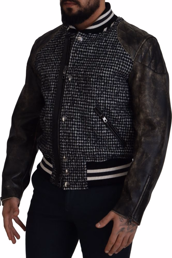 Dolce & Gabbana Black Houndstooth Polyester Bomber Jacket