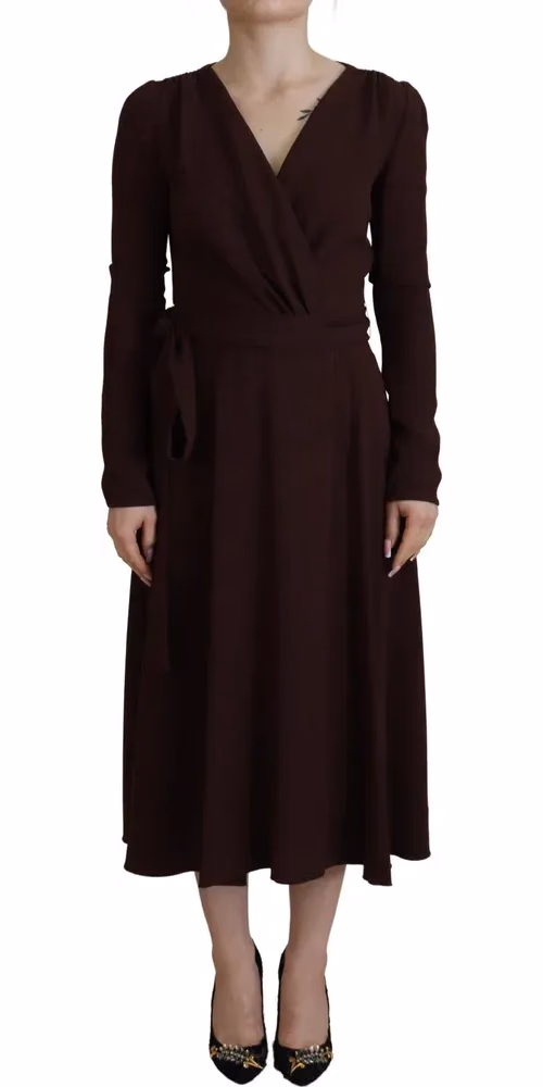 Dolce & Gabbana Brown Wrap Long Sleeve Midi Stretch Dress