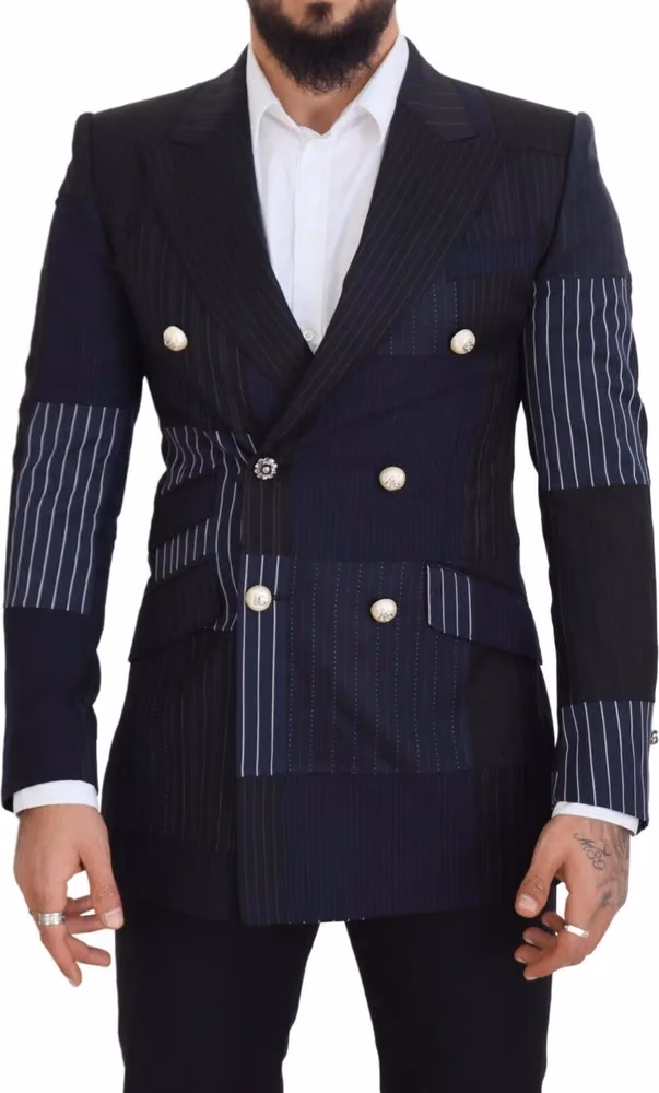 Dolce & Gabbana Blue Wool Patchwork Double Breasted Blazer