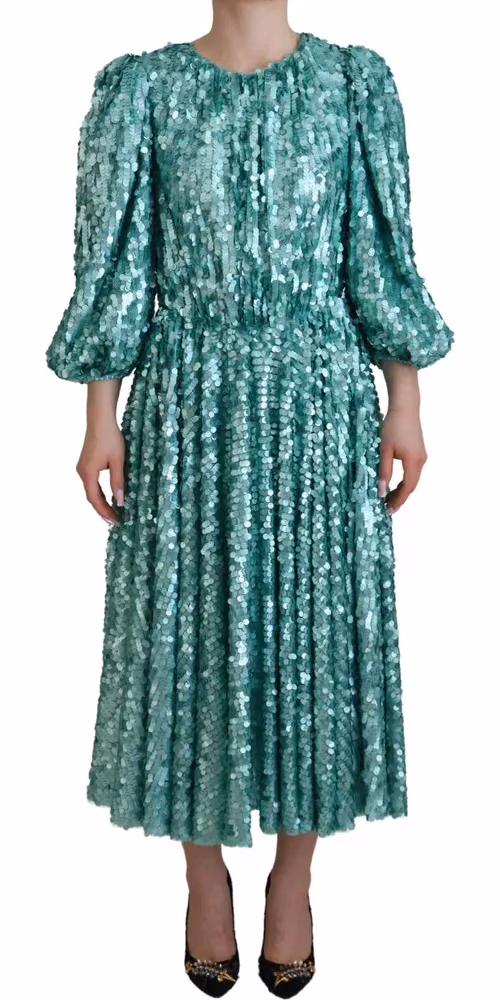 Dolce & Gabbana Blue Sequined Pleated Aline Midi Nylon Dress