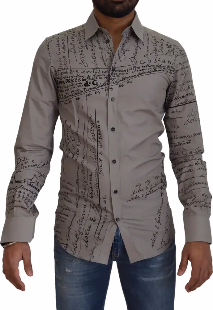Dolce & Gabbana Gray Printed Cotton Slim Dress GOLD Shirt
