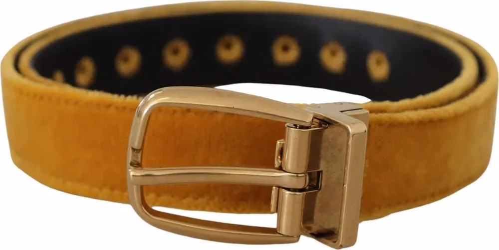 Dolce & Gabbana Mustard Velvet Gold Logo Engraved Metal Buckle Belt