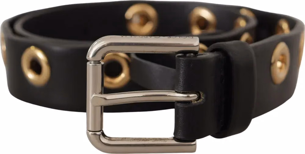 Dolce & Gabbana Black Leather Eyelet Silver Tone Metal Buckle Belt
