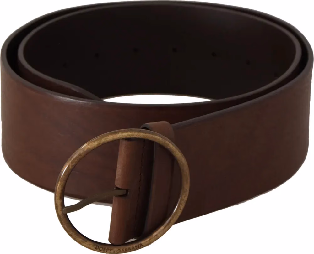 Dolce & Gabbana Brown Leather Wide Waist Logo Metal Round Buckle Belt