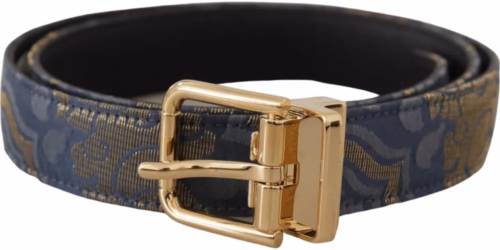 Dolce & Gabbana Navy Blue Jacquard Gold Tone Logo Metal Buckle Belt