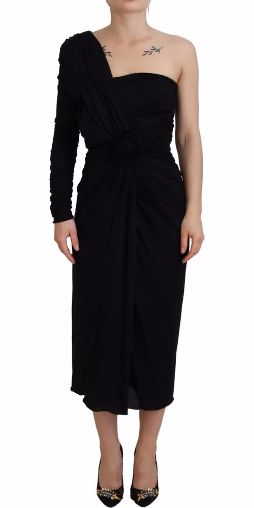 Dolce & Gabbana Black Wrap Sheath One Shoulder Wool Dress