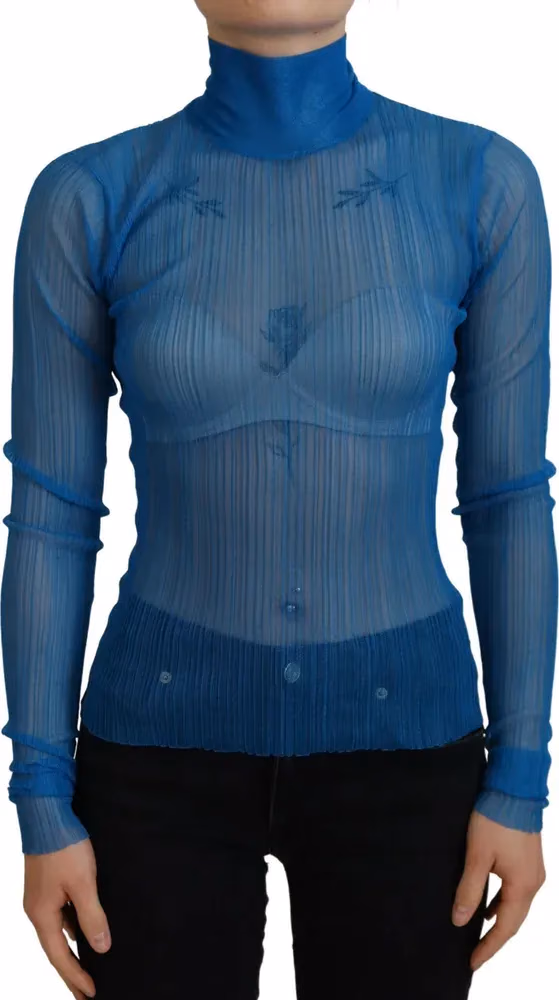 Dolce & Gabbana Blue Mesh Turtleneck Long Sleeve Blouse Top