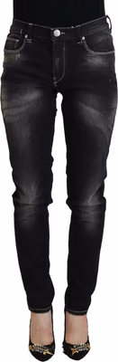 Black Washed Mid Waist Tapered Women Casual Denim Jeans