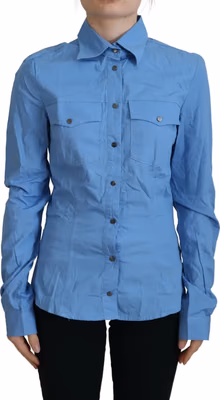 Blue Cotton Long Sleeves Collared Button Down Top