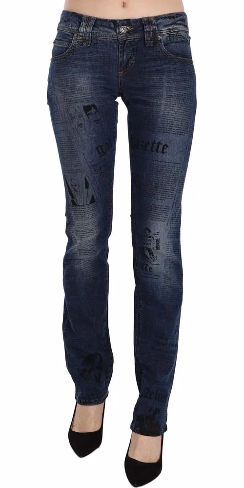 John Galliano Blue Newspaper Print Low Waist Skinny Denim Pants