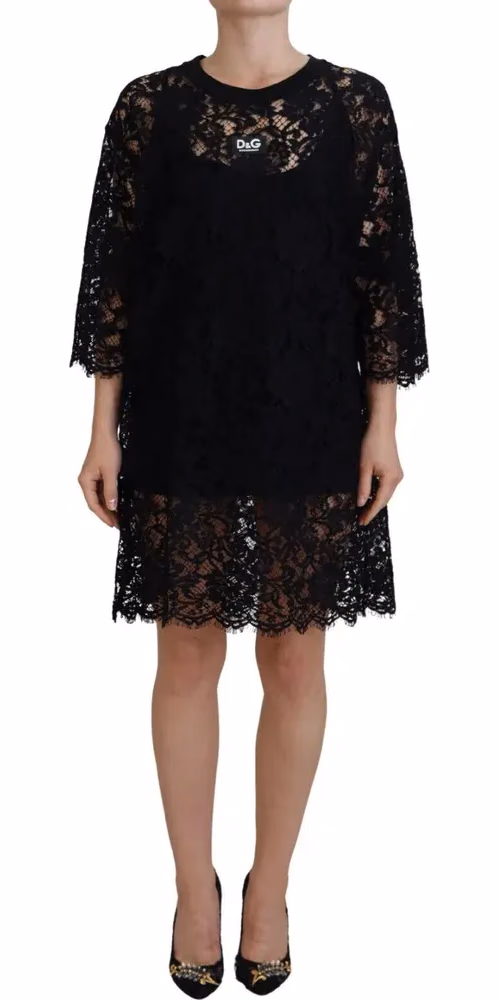 Dolce & Gabbana Black Floral Lace Cotton Shift Mini Dress