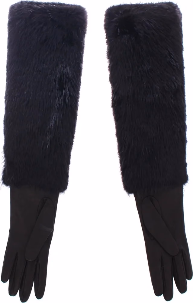 Dolce & Gabbana Black Beaver Fur Lambskin Leather Elbow Gloves
