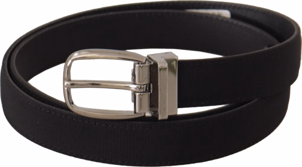 Dolce & Gabbana Black Calf Canvas Silver Tone Logo Metal Belt