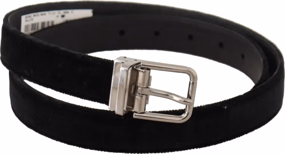 Dolce & Gabbana Black Casual Velvet Silver Metal Logo Buckle Belt