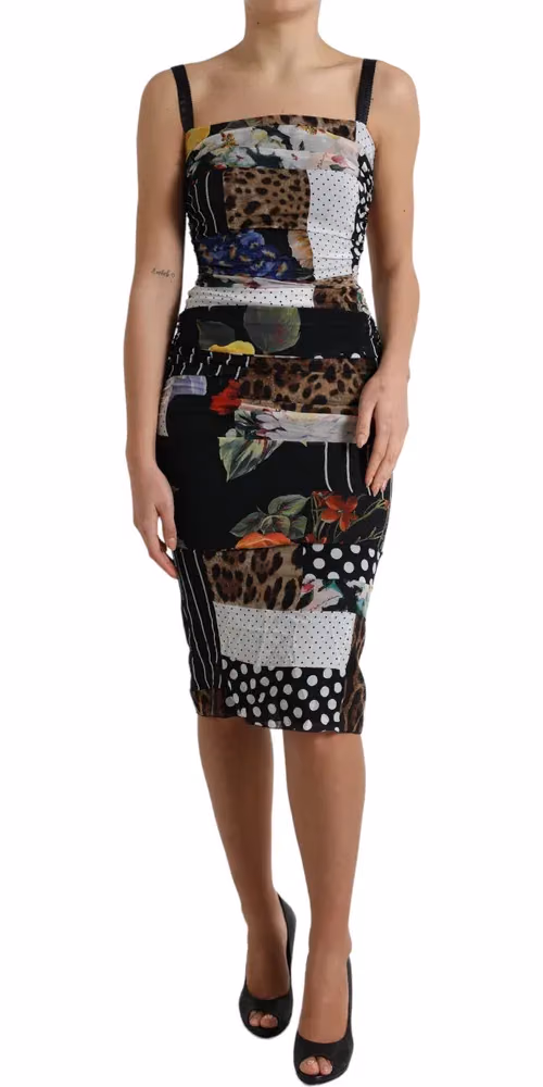 Dolce & Gabbana Multicolor Patchwork Midi Floral Leopard Bodycon Dress