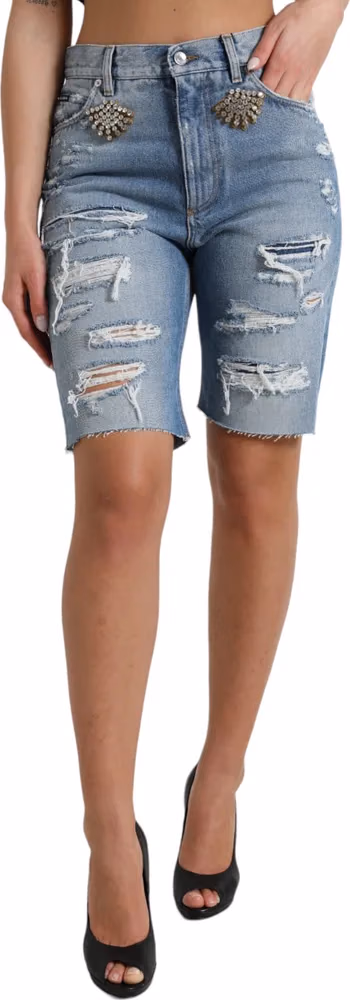 Dolce & Gabbana Blue Tattered Embellished Bermuda Shorts