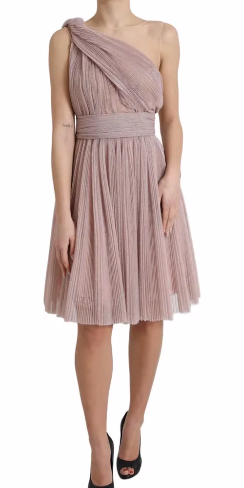 Dolce & Gabbana Pink One Shoulder Pleated Lame Tulle Dress