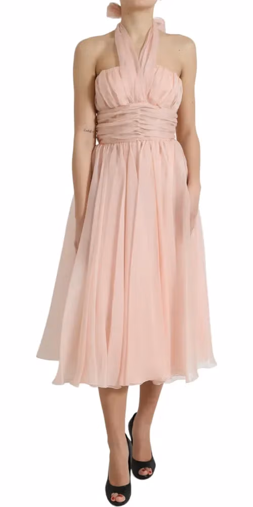 Dolce & Gabbana Pink Silk Chiffon Halter A-line Pleated Midi Dress