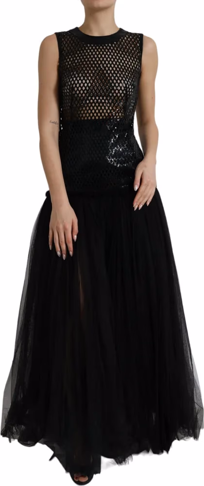 Dolce & Gabbana Black Sequined Sleeveless Mesh Layered Gown Dress