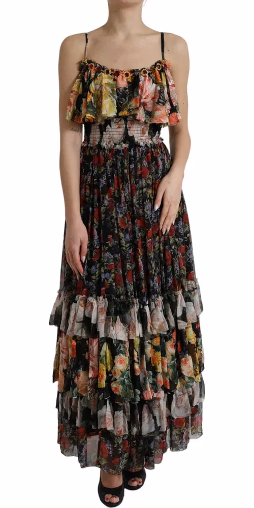 Dolce & Gabbana Multicolor Floral Chiffon Tiered Maxi Dress