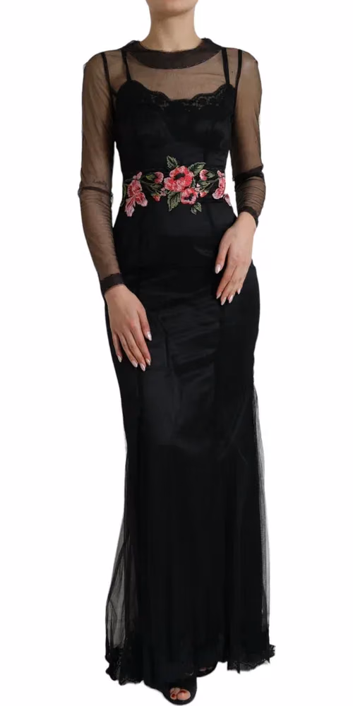 Dolce & Gabbana Black Floral Embroidery Mesh Tulle Gown Dress