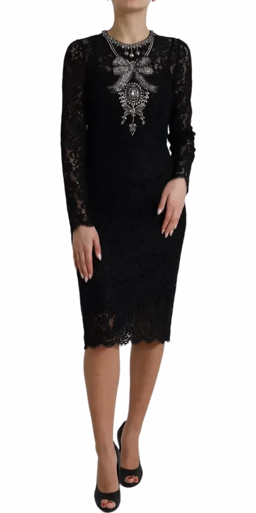 Dolce & Gabbana Black Lace Crystal Embellished Sheath Dress