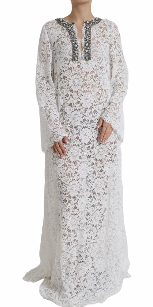 Dolce & Gabbana White Lace Crystal Embellished Shift Dress