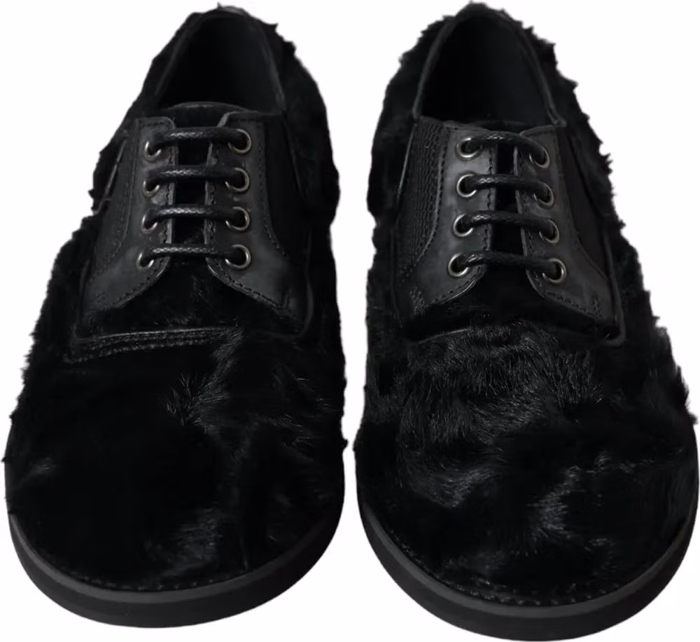 Dolce & Gabbana Black Fur Leather Lace Up Derby Dress Shoes