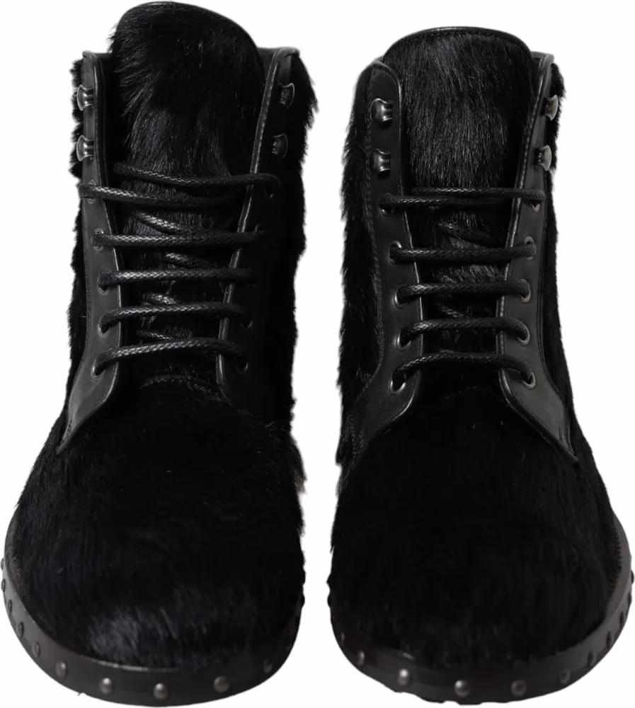 Dolce & Gabbana Black Pony Style Leather Mid Calf Boots Shoes