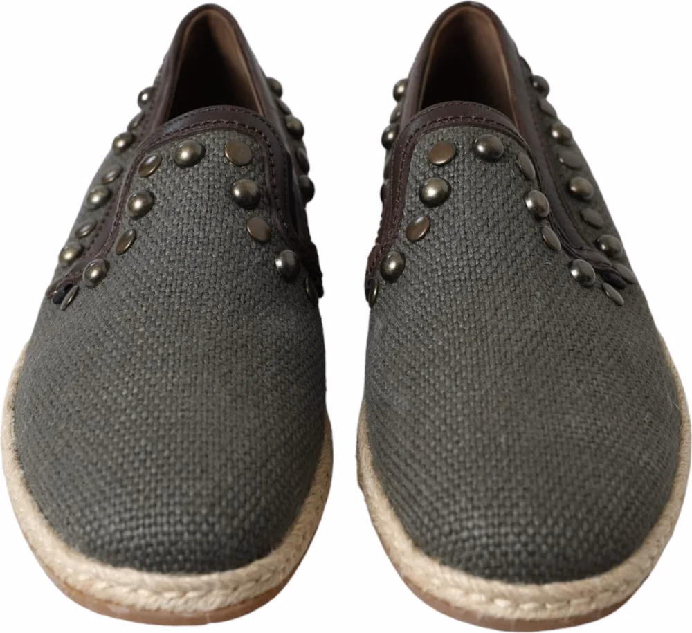 Dolce & Gabbana Gray Linen Leather Studded Loafers Shoes