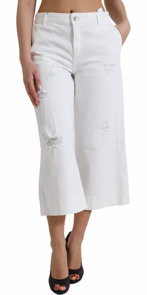 Dolce & Gabbana White Cotton Cropped Wide Leg Denim Jeans