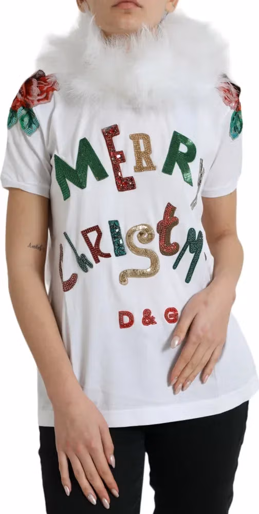 Dolce & Gabbana White Cotton Christmas Sequin Fur T-shirt