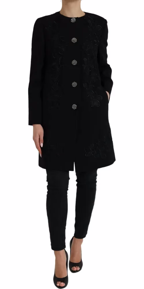 Dolce & Gabbana Black Floral Wool Button Embellished Jacket