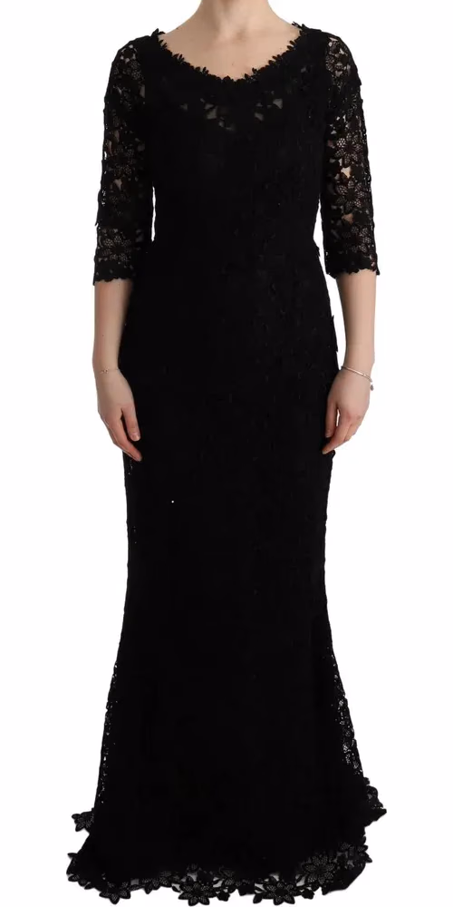 Dolce & Gabbana Black Floral Ricamo Sheath Long Dress
