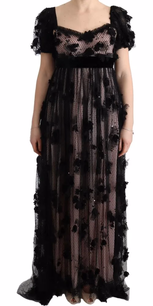 Dolce & Gabbana Black Pink Silk Applique Shift Dress
