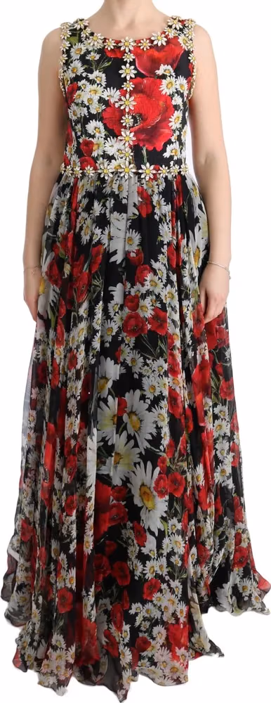 Dolce & Gabbana Multicolor Silk Floral Crystal Long Maxi Dress