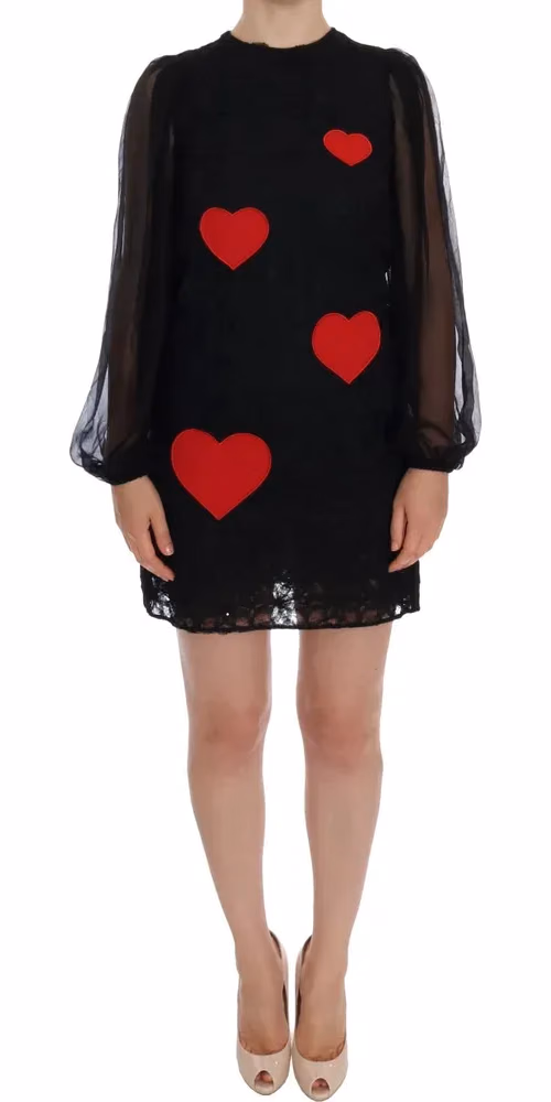 Dolce & Gabbana Black Lace Red Heart Shift Dress