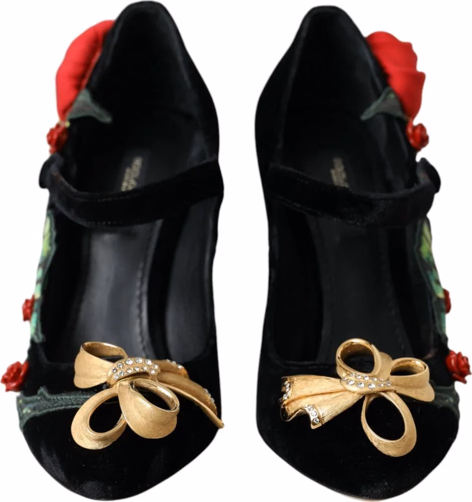 Dolce & Gabbana Black Roses Crystal Brooch Mary Jane Shoes