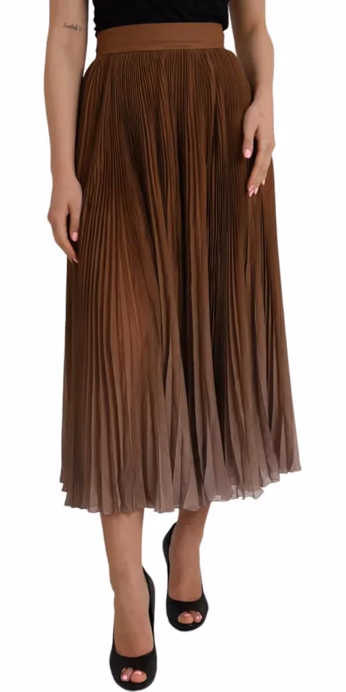 Dolce & Gabbana Brown Polyester Pleated High Waist Midi Skirt