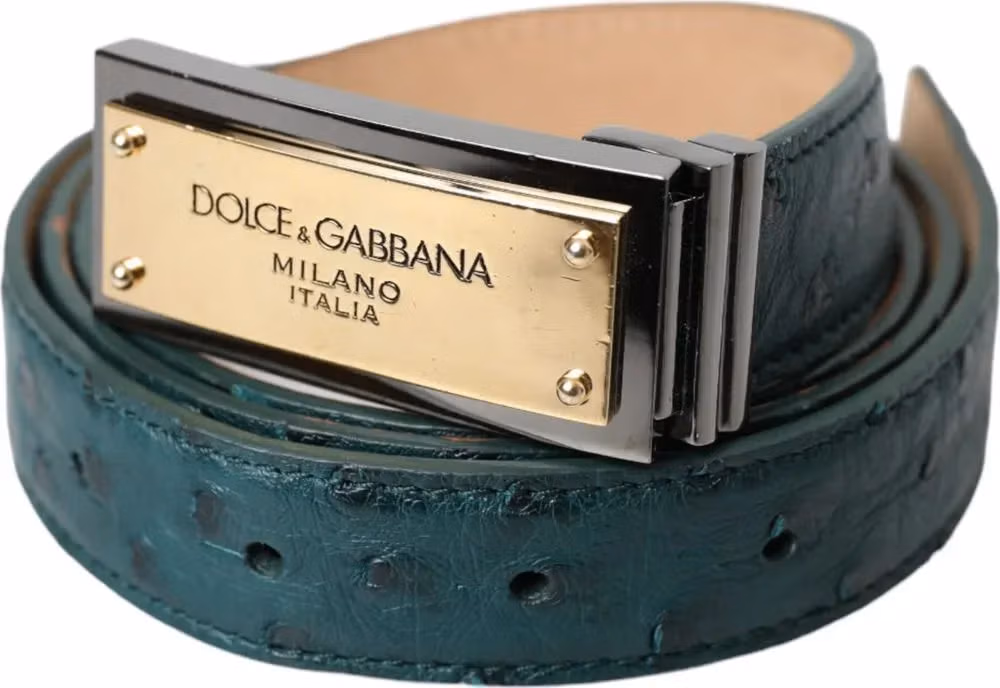 Dolce & Gabbana Green Leather Gold Logo Engraved Buckle Belt