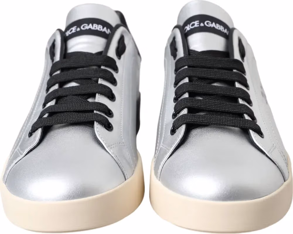 Dolce & Gabbana Silver Portofino Calf Leather Sneakers Men Shoes