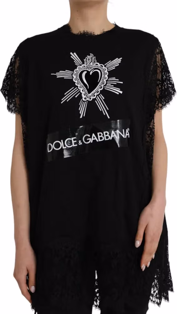 Dolce & Gabbana Black Sacred Heart Print Cotton Lace T-shirt