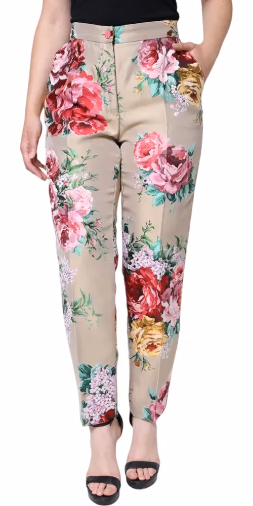 Dolce & Gabbana Beige Floral Jacquard High Waist Tapered Pants