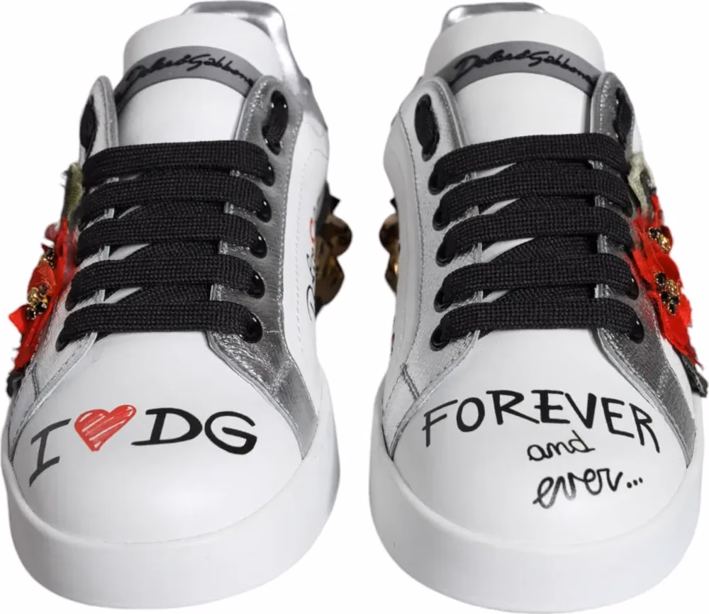 Dolce & Gabbana White Leather Floral Studded Sneakers Shoes