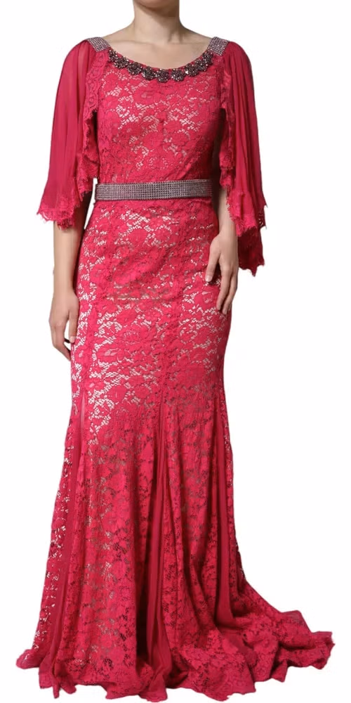 Dolce & Gabbana Pink Lace Crystal Sheath Long Gown Dress